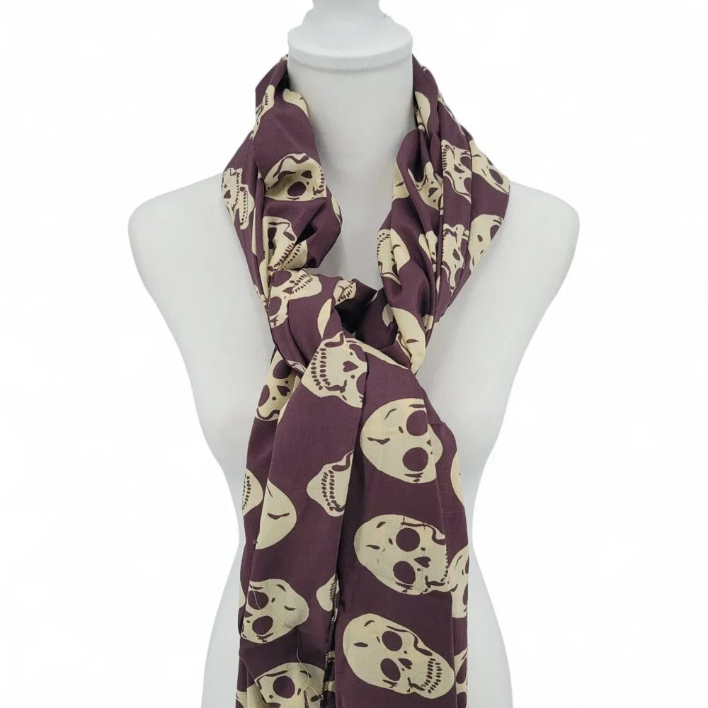 Raj Silk Scarf Skull Print Wrap Shawl NWT Black‎ White Purple Alexander Inspired
